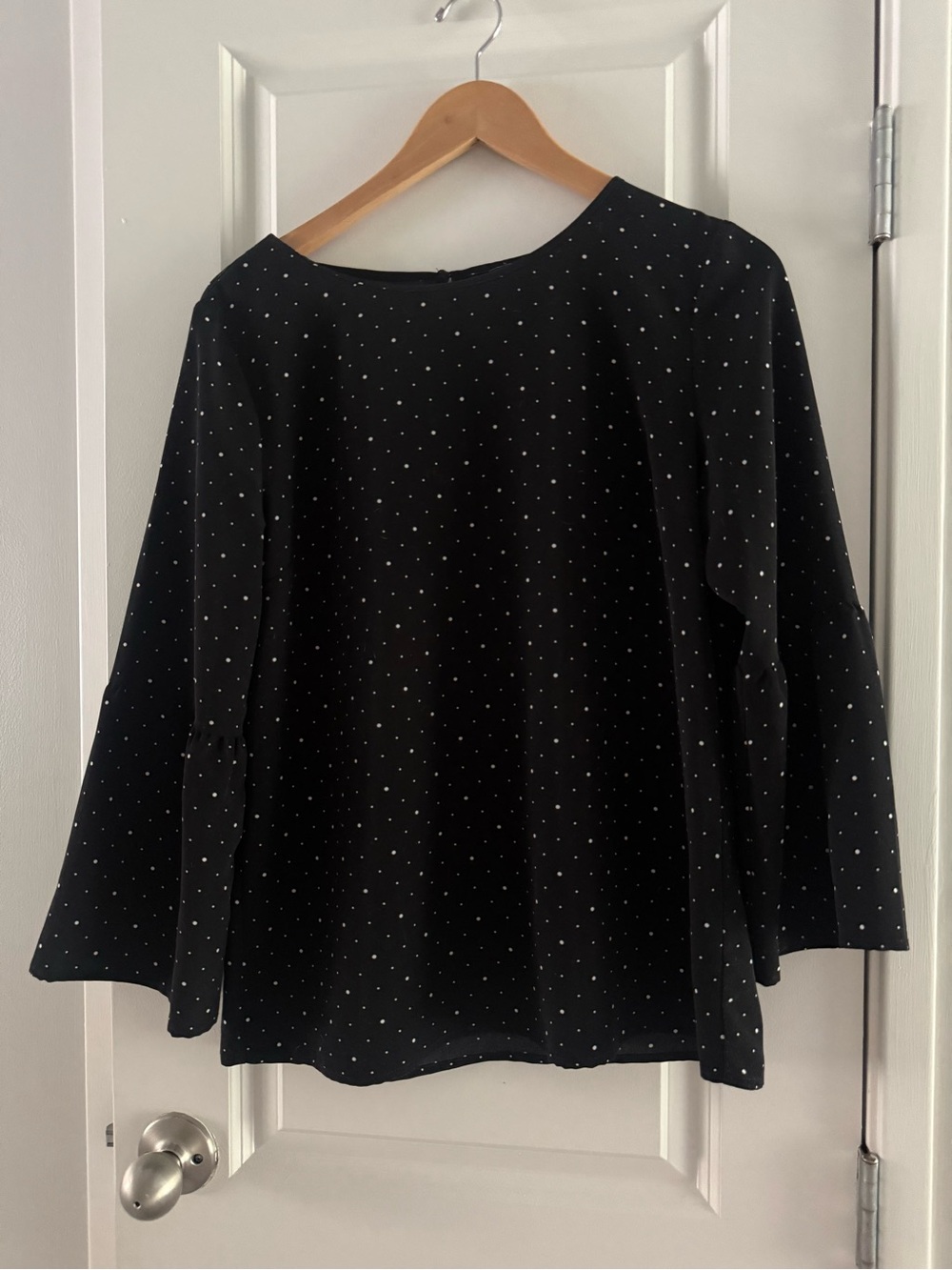 Banana Republic Black Long-Sleeve Polka Dot Peplim Style Top With Flare Sleeves